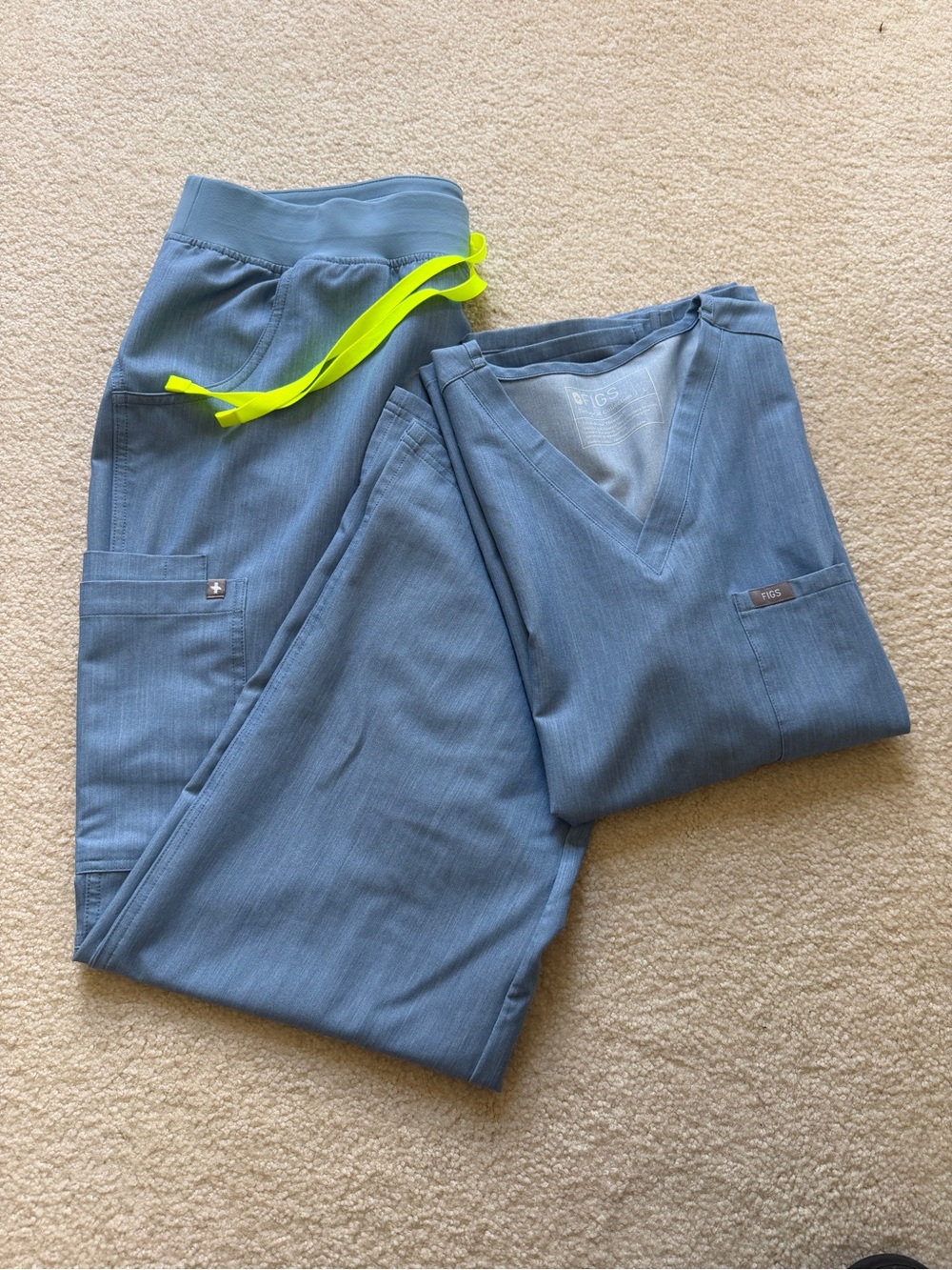Figs Heather Indigo Scrub Set with Neon Yellow Drawstring